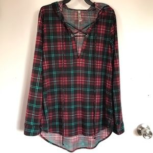 RnB Dark Plaid V Sweater With Hood